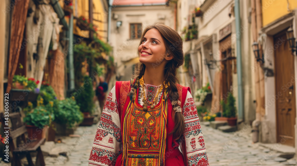 woman wearing european dress travel in europe city