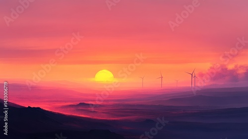 Sunset over mountains with clouds in pink orange and purple hues.