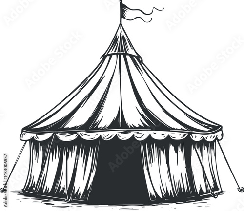 Black and white vintage illustration of a large striped circus tent with a flag on top, showing an open entrance.