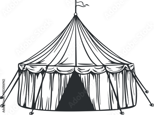 Black and white illustration of a circus tent with a flag on top and tie ropes, suitable for events and festivals