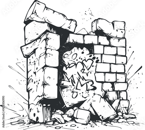 Black and white sketch of a broken stone wall with bricks and debris showing urban decay and destruction