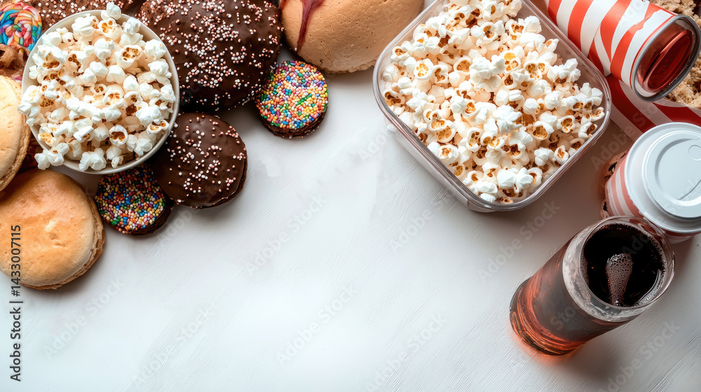 Delightful assortment of snacks including popcorn, cookies, and soft drinks, perfect for themed party or movie night, creating fun and festive atmosphere