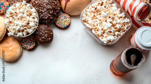 Obraz na płótnie Delightful assortment of snacks including popcorn, cookies, and soft drinks, perfect for themed party or movie night, creating fun and festive atmosphere w salonie