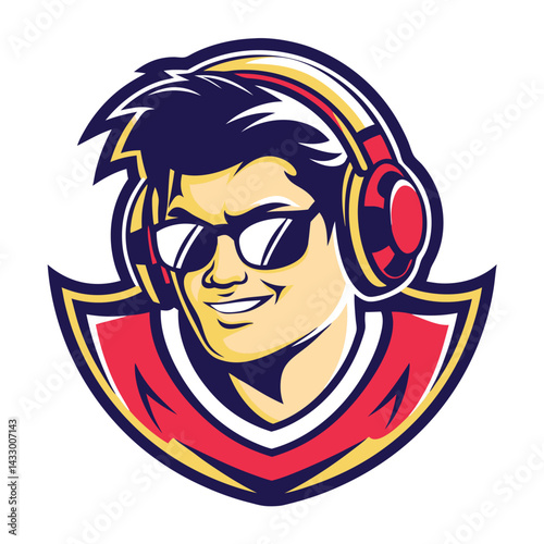 Cool gamer head shot with headphones and sunglasses