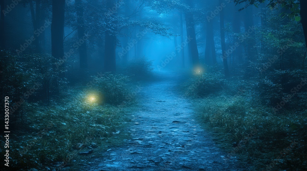 Fototapeta premium Mystical forest path illuminated by ethereal lights at night.