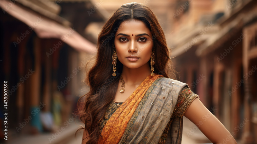 woman wearing indian dress travel in india city