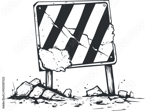 Black and white illustration of a damaged and cracked road warning sign with debris scattered around