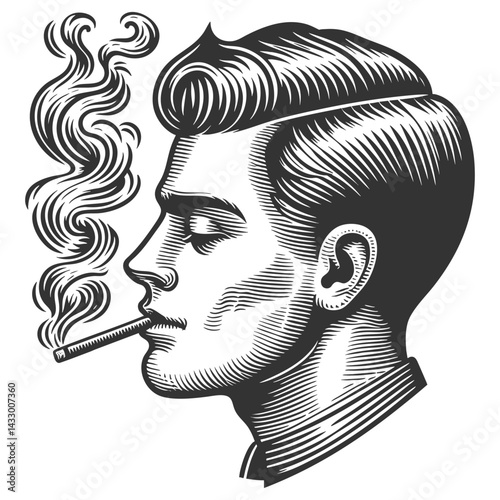 man in profile view with slick hair smoking a cigarette, surrounded by swirling smoke sketch engraving generative ai fictional character vector illustration. Scratch board. Black and white image.
