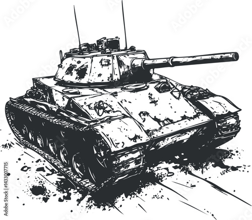 Black and white illustration of a military tank with a cannon and armor, symbolizing war and combat