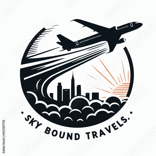 Skybound Travel Logo: A stylized illustration of an airplane taking off above a cityscape at sunrise, enclosed in a circular frame with the text "Sky Bound Travels."