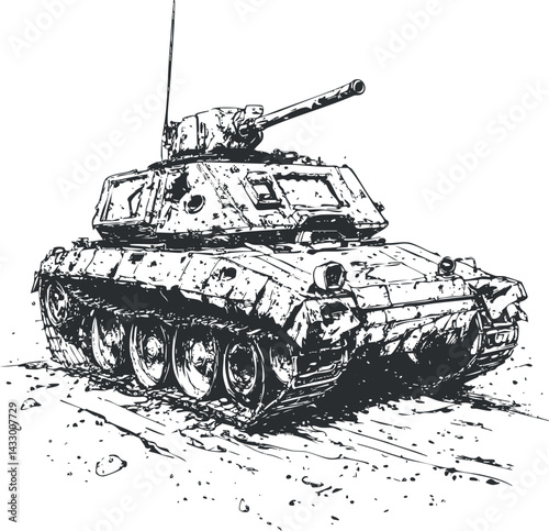Black and white illustration of an armored military tank with cannon and tracks driving on rough terrain.