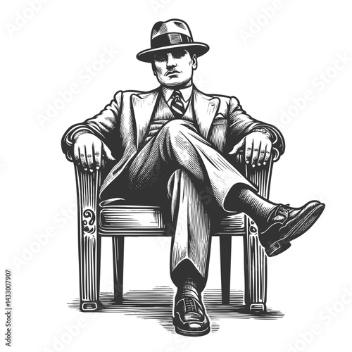 Mafioso man in a pinstripe suit sitting in an armchair, exuding power, authority, and sophistication sketch engraving generative ai vector illustration. Scratch board imitation. Black and white image.