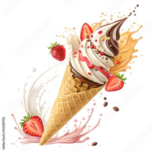Delicious Strawberry Swirl Ice Cream Cone: Creamy, Sweet, Summer Treat on transparent background