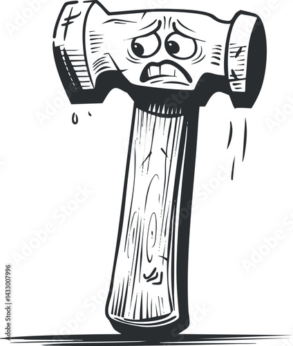 Black and white cartoon illustration of a tired and wet hammer with a wooden handle and sad face