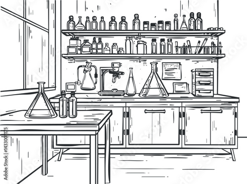 Black and white sketch of a laboratory workspace with shelves full of scientific glassware and equipment for chemistry experiments