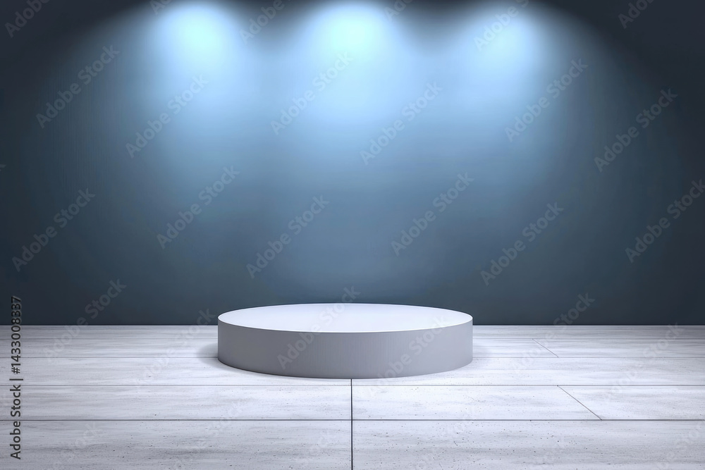 minimalist round platform is illuminated by soft blue lights against dark wall, creating serene and modern atmosphere perfect for showcasing products or performances