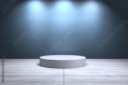 Obraz na płótnie minimalist round platform is illuminated by soft blue lights against dark wall, creating serene and modern atmosphere perfect for showcasing products or performances w salonie
