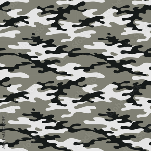 seamless camouflage pattern with shades of green, black, white, and grey, commonly used in military and outdoor gear for concealment