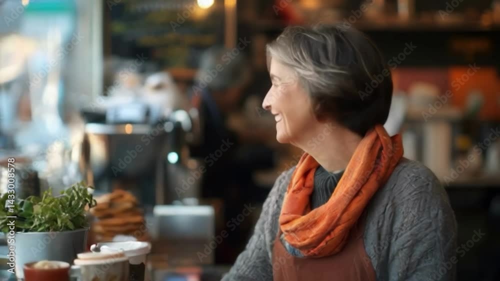A woman is smiling and sitting at a table with a plant in front of her. She is wearing an orange scarf and apron