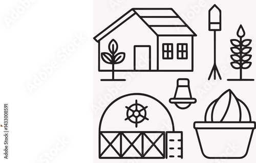 Gardening glyph flat icons. The vector solid pictogram set included icons such as seed planting, 
soil fertilizer, farm barn, 
and greenhouse temperature silhouette illustration for agronomy.