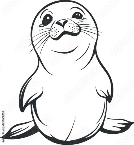 Black and white illustration of a cute smiling seal pup with whiskers and flippers sitting facing forward.
