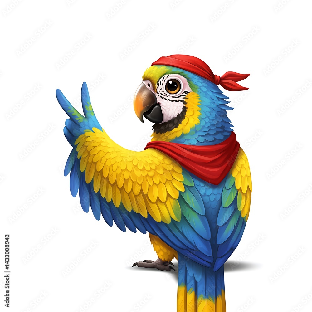 Fototapeta premium Vibrant Parrot Character Wearing Red Bandana and Making Peace Sign in Colorful Illustration