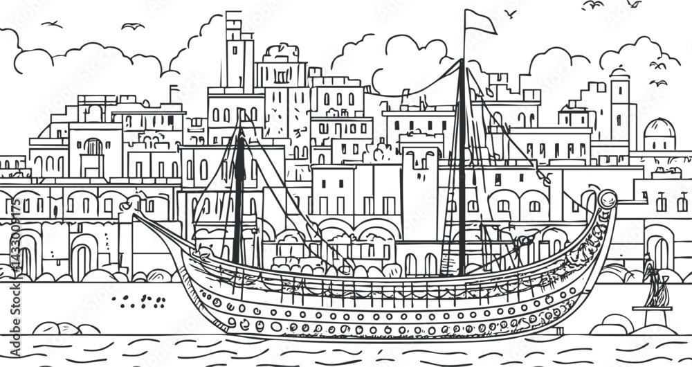 Obraz premium Black and white line art illustration of a traditional sailing ship docked at a historic harbor with city buildings in the background