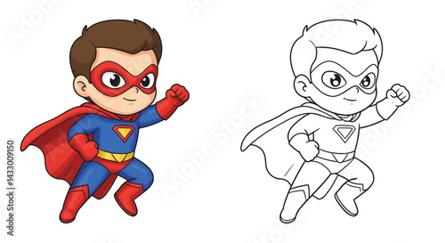 Dynamic Duo: A heroic chibi superhero, ready for action, leaps with strength. The image shows two styles: one filled with vibrant colors, and the other a clean outline, encouraging creativity.