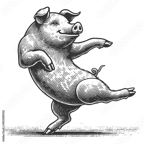 cheerful pig joyfully dancing on its hind legs, drawn in an engraved, woodcut style with fine details sketch engraving generative ai vector illustration. Scratch board imitation. Black and white image