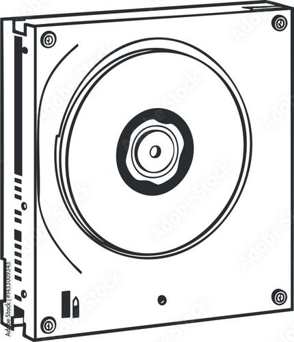 Black and white illustration of a hard drive disk used for computer data storage and backup
