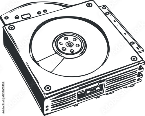 Black and white illustration of a computer hard drive showing internal disk and connectors for data storage