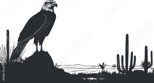Silhouette of a hawk perched on a rock in a desert landscape with cacti and distant hills