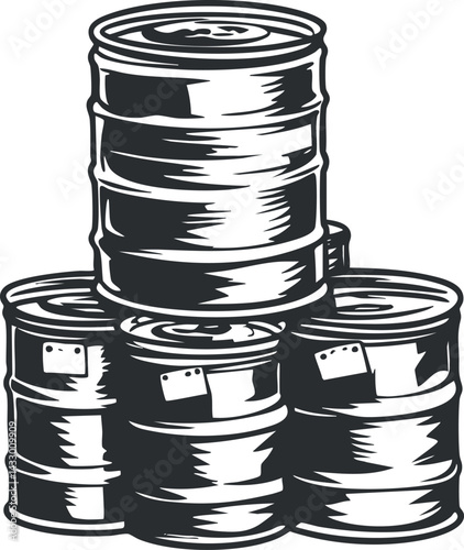 Black and white illustration of stacked metal barrels used for industrial storage and transportation