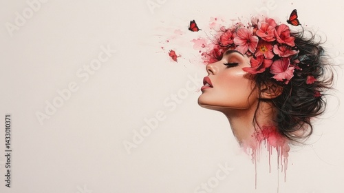 21. Watercolor painting of a young woman with flowers in her hair on an absolutely white background.