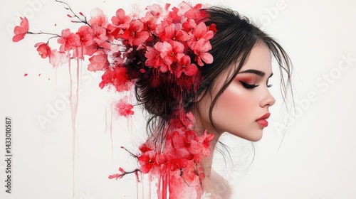 21. Watercolor painting of a young woman with flowers in her hair on an absolutely white background.