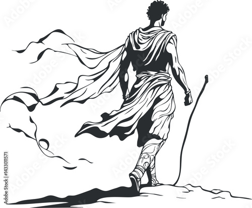 Silhouette of an ancient heroic man with flowing cape walking with a staff on rocky ground