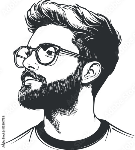 Black and white vector illustration of a young man with beard and glasses in profile view looking confident