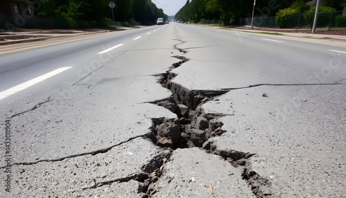 Crack in the road caused by earthquake revealing damage and disturbance in the surface