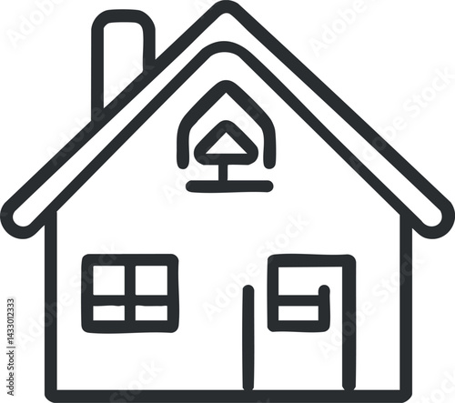 Simple black line icon of a house with chimney, window, door, and roof outline illustration