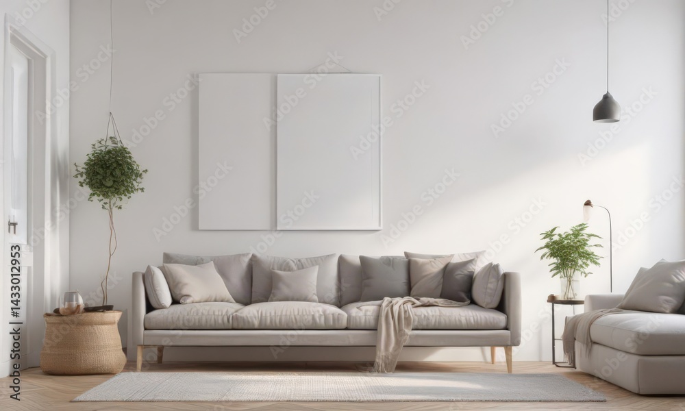 Fototapeta premium Stylish white wall with hanging poster, minimalist living room setting, image, hanging