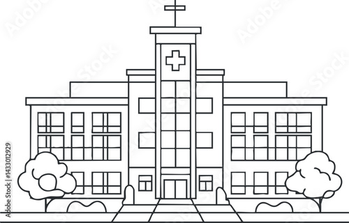 Line art illustration of a hospital building with medical cross symbol and trees outside
