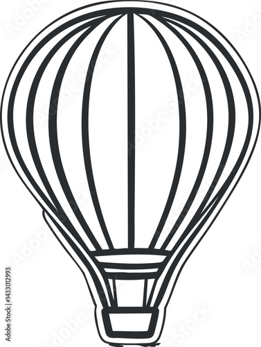 Black and white outline illustration of a hot air balloon used for travel and adventure in the sky