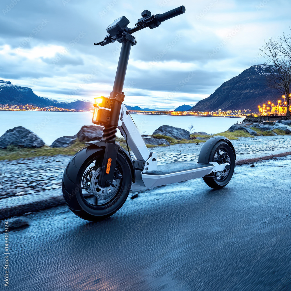 Electric scooter driving on scenic waterfront road during twilight, showcasing modern design and urban lifestyle. vibrant city lights reflect on water, creating serene atmosphere