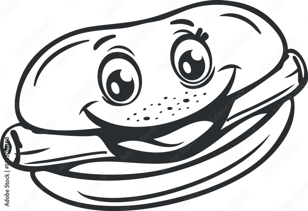 Black and white cartoon illustration of a smiling hotdog with a happy face and expressive eyes Black and white cartoon illustration of a smiling hotdog with a happy face and expressive eyes
