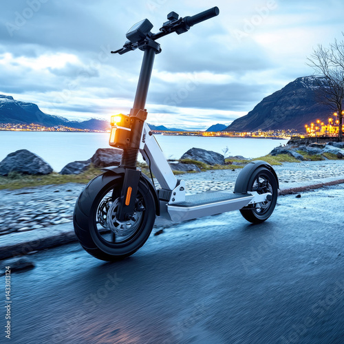 Electric scooter driving on scenic waterfront road during twilight, showcasing modern design and urban lifestyle. vibrant city lights reflect on water, creating serene atmosphere