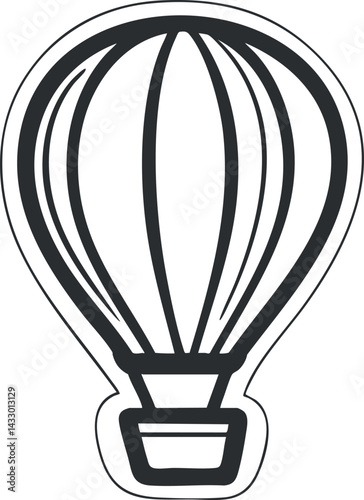 Black and white line drawing of a hot air balloon symbolizing travel and adventure