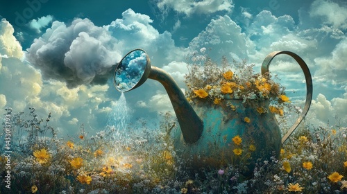 Watering can filled with flowers surrounded by a field and cloudy sky.