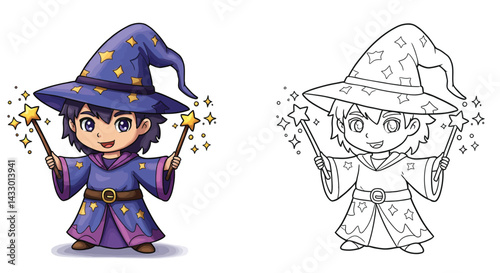 Wizard of Wonder: A whimsical cartoon of a young wizard, donned in a classic hat and robe, wields a magic wand as stars sparkle around them.