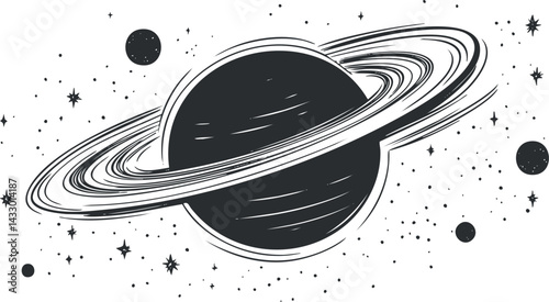 Black and white illustration of a ringed planet surrounded by stars in outer space