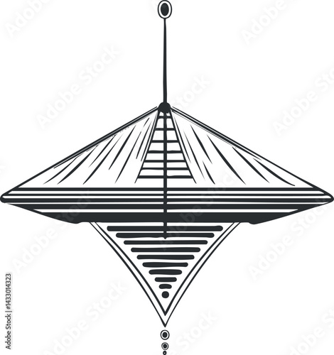 Black and white illustration of a classic spinning top toy showing detailed rotation lines and balance